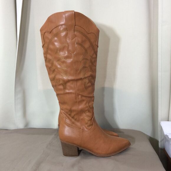 NEW Brown Cowboy Boots Faux Leather Size 8 Western Tall Pointed Toe Zip - Picture 6 of 8